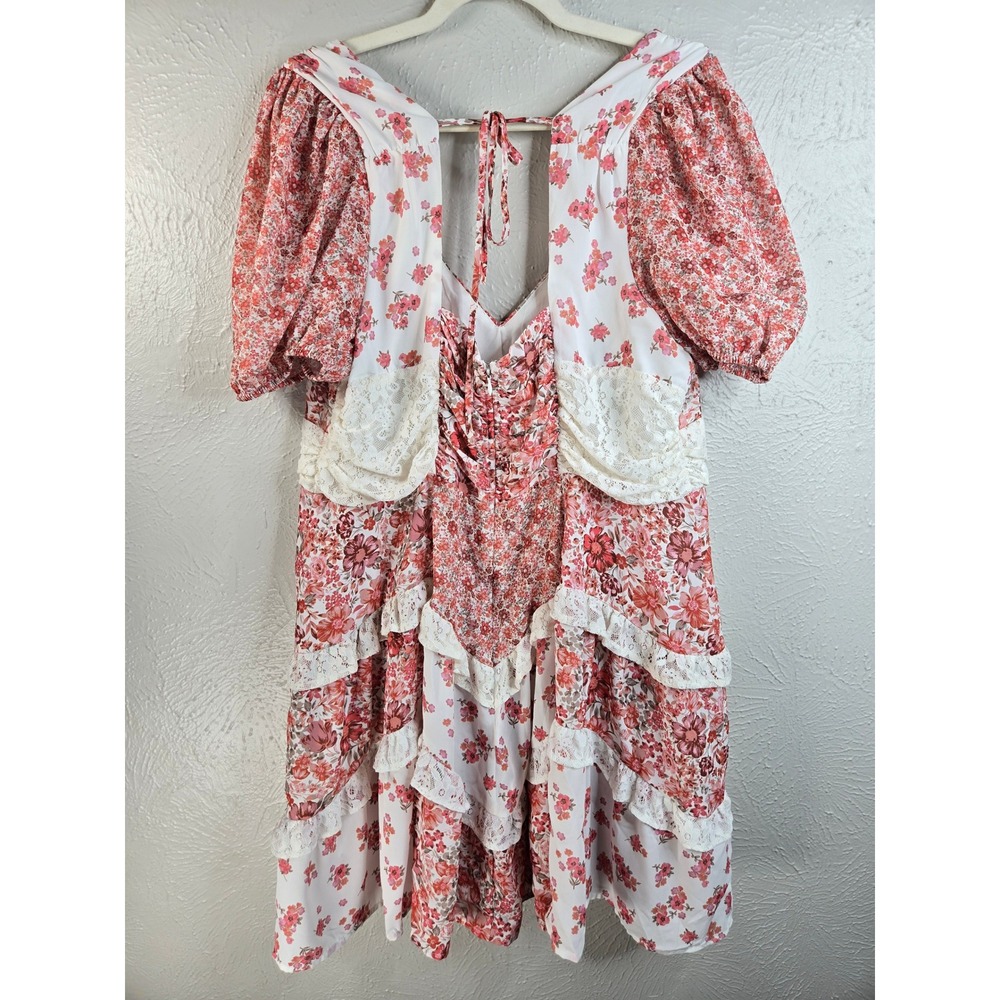 Arula Floral Lace Tiered Dress Size 1X Puff Sleeve Patchwork Cottagecore Boho - Picture 2 of 10